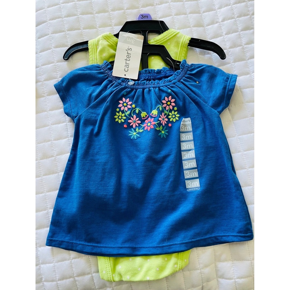 Carters Baby Girls 3 Piece Set Blue Floral Top Lime Polka Dot Bodysuit Shorts 3M - Picture 1 of 3
